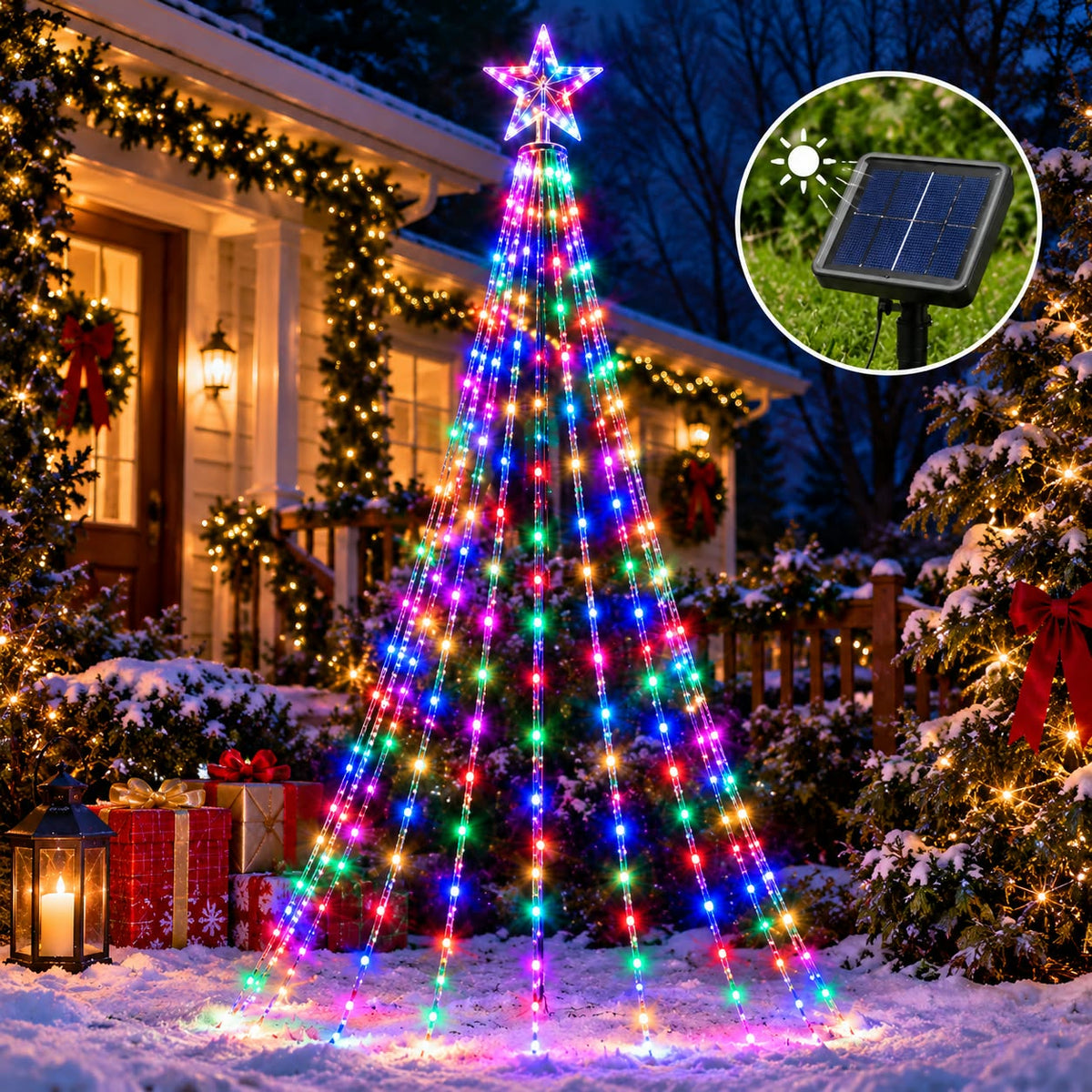 Estrella cascada LED navideña de panel solar - Decora tu fachada, jardín o balcón y crea un ambiente navideño lleno de luz.