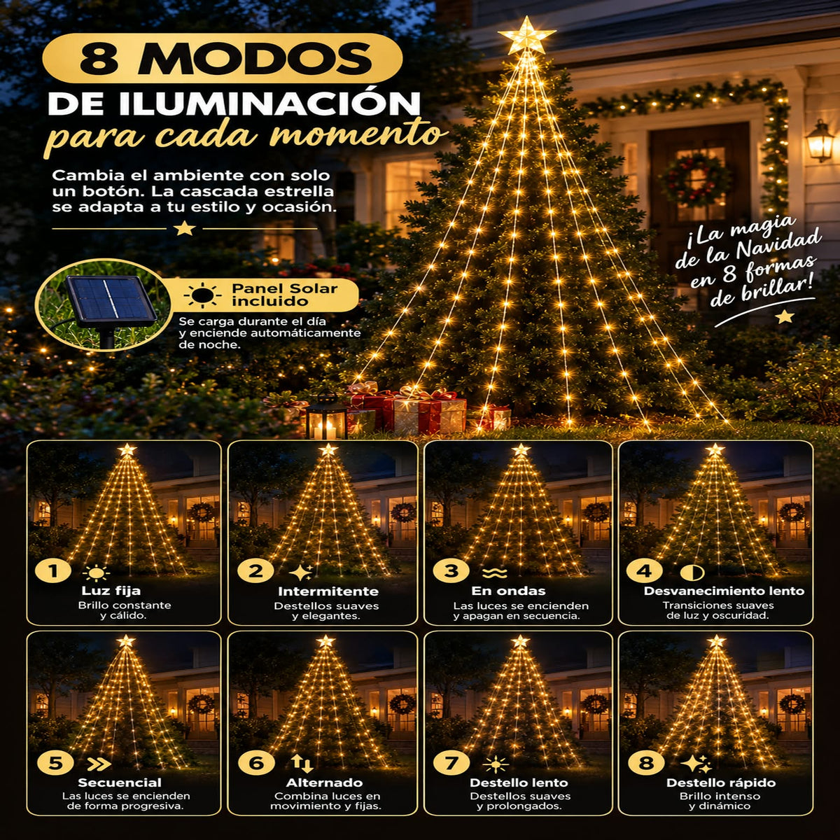 Estrella cascada LED navideña de panel solar - Decora tu fachada, jardín o balcón y crea un ambiente navideño lleno de luz.