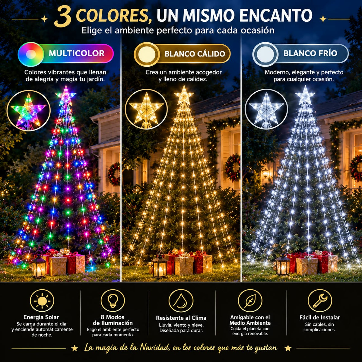 Estrella cascada LED navideña de panel solar - Decora tu fachada, jardín o balcón y crea un ambiente navideño lleno de luz.