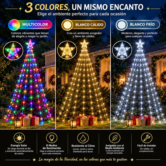 Estrella cascada LED navideña de panel solar - Decora tu fachada, jardín o balcón y crea un ambiente navideño lleno de luz.