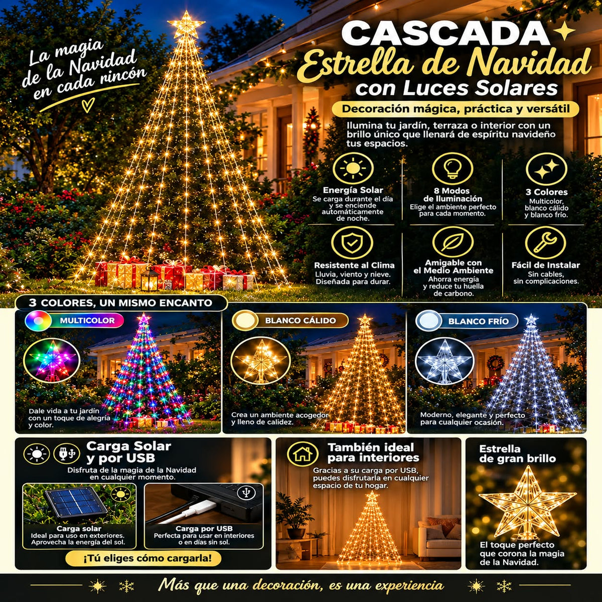 Estrella cascada LED navideña de panel solar - Decora tu fachada, jardín o balcón y crea un ambiente navideño lleno de luz.