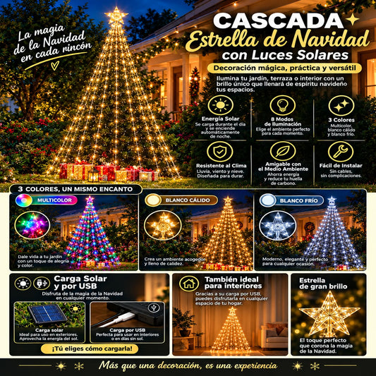 Estrella cascada LED navideña de panel solar - Decora tu fachada, jardín o balcón y crea un ambiente navideño lleno de luz.